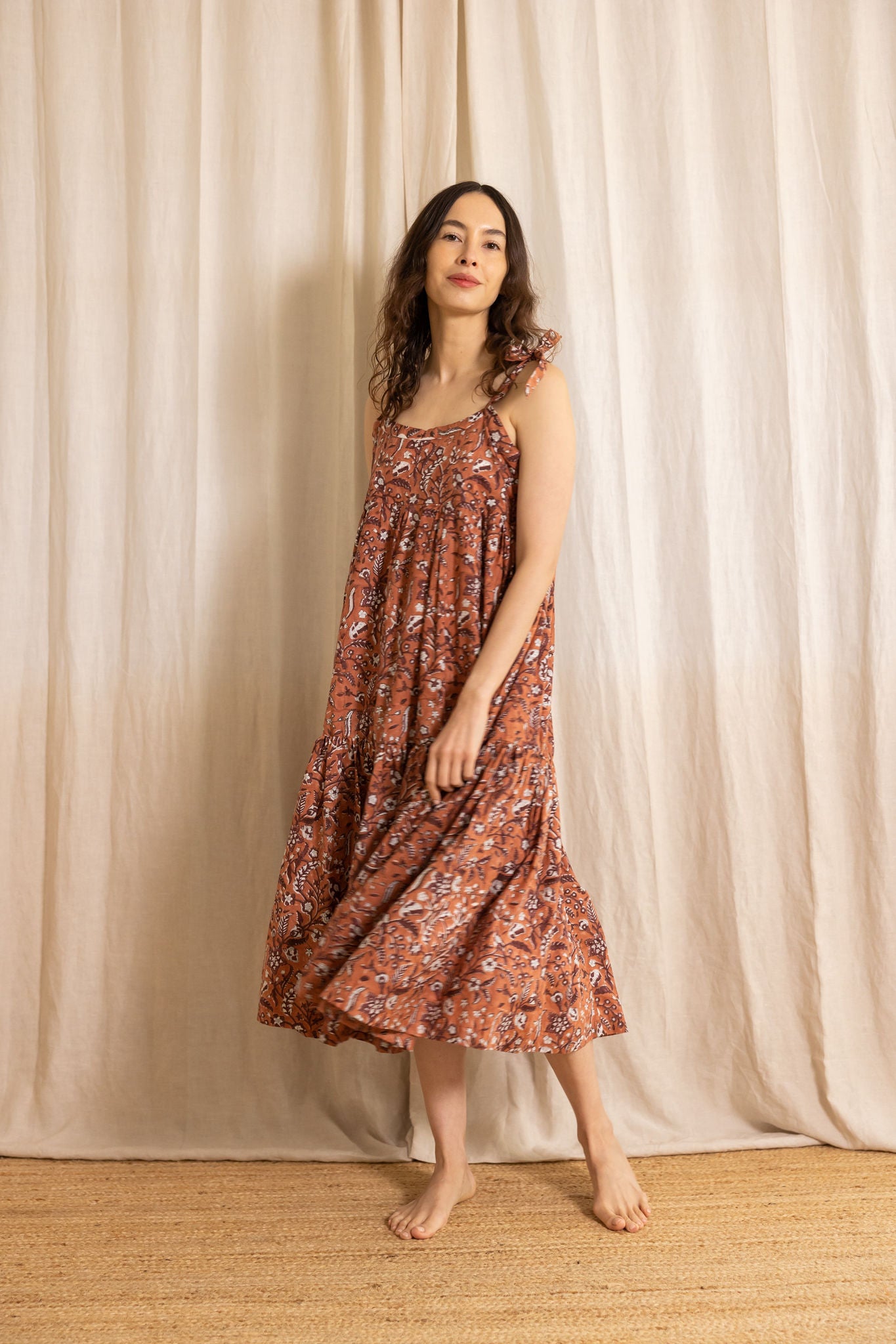 Tiered cotton Ansha dress with shoulder ties, handmade in India. | Rose Garden