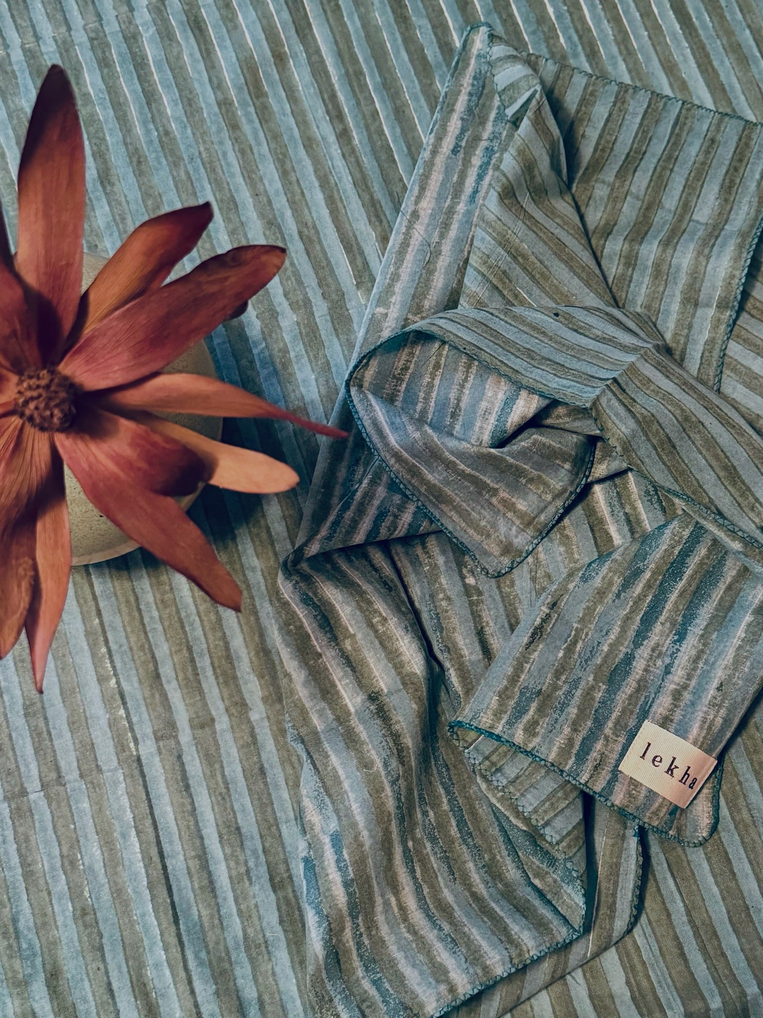 Block Printed Tablecloth Blue Stripe