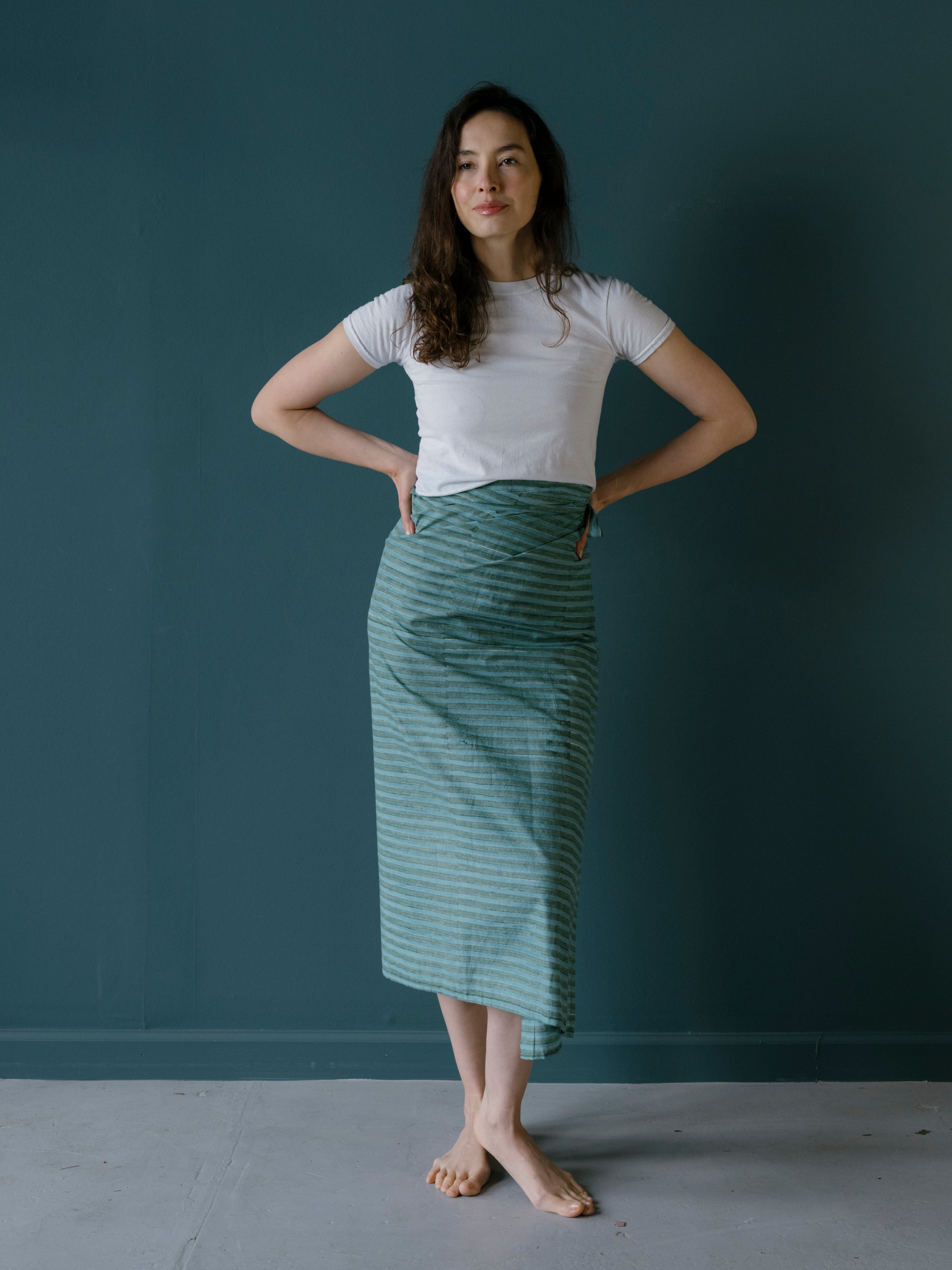 Block Printed Wrap Sarong | blue green stripe