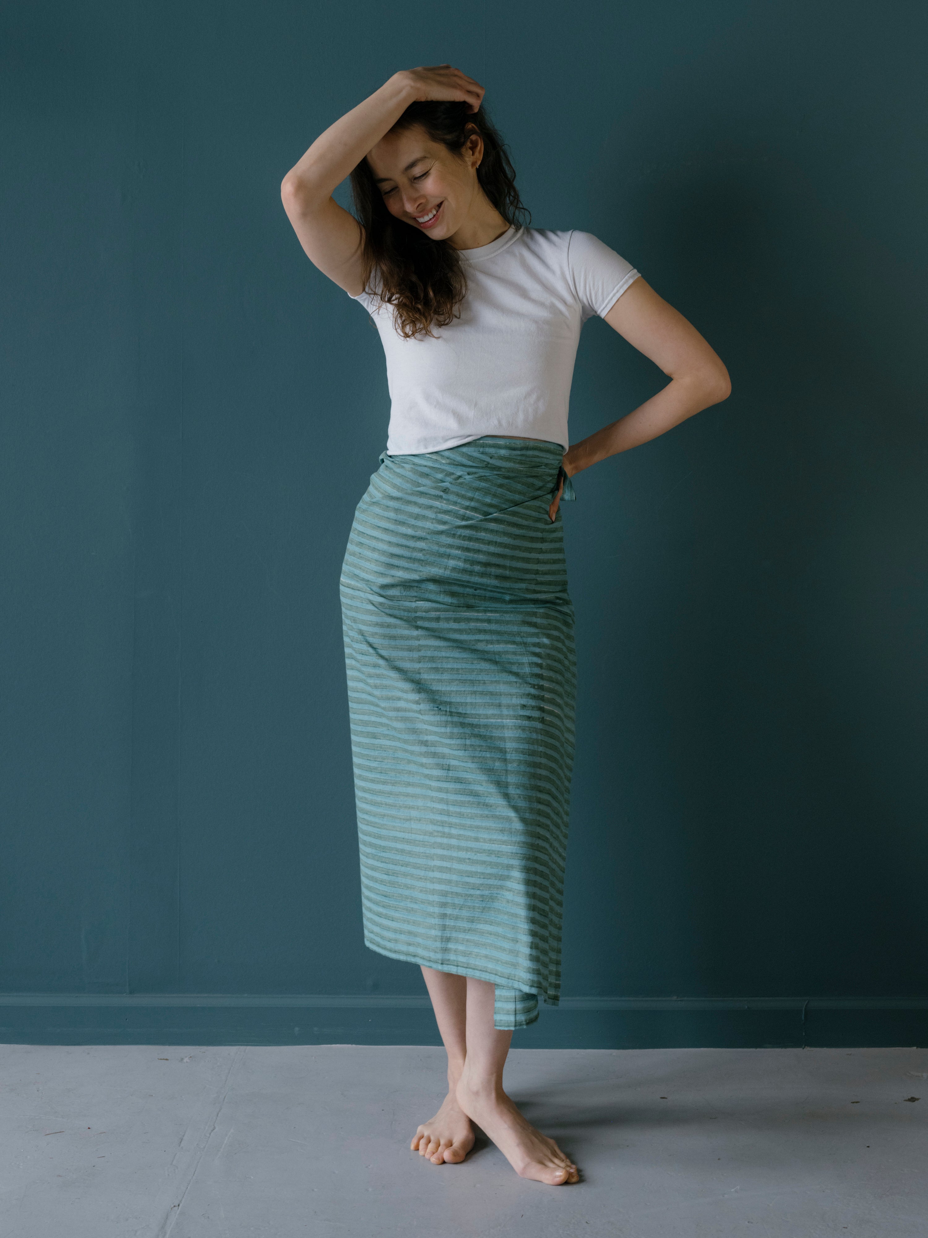 Block Printed Wrap Sarong | blue green stripe