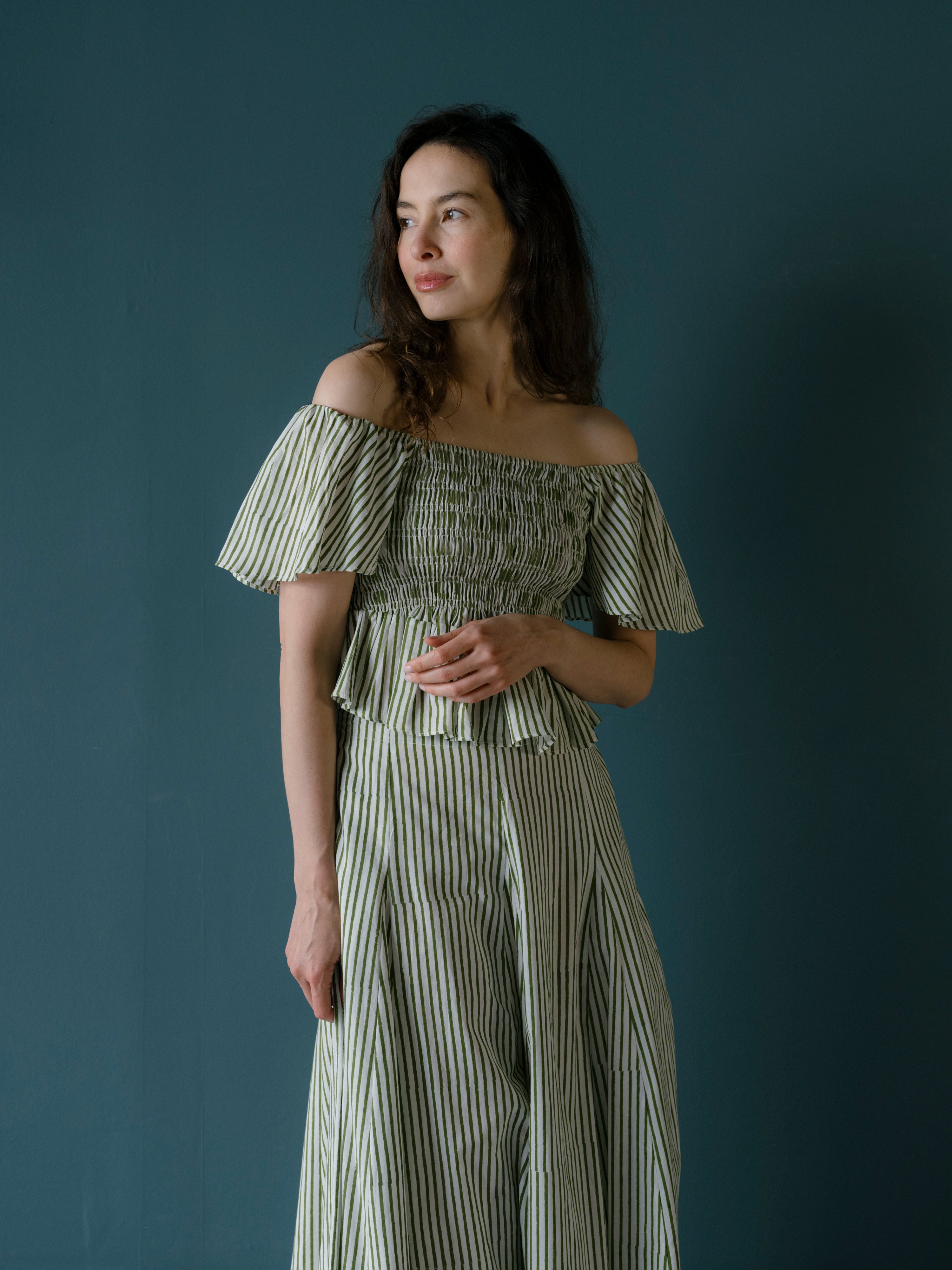 Hema Smocked Flutter Top | Olive Stripe