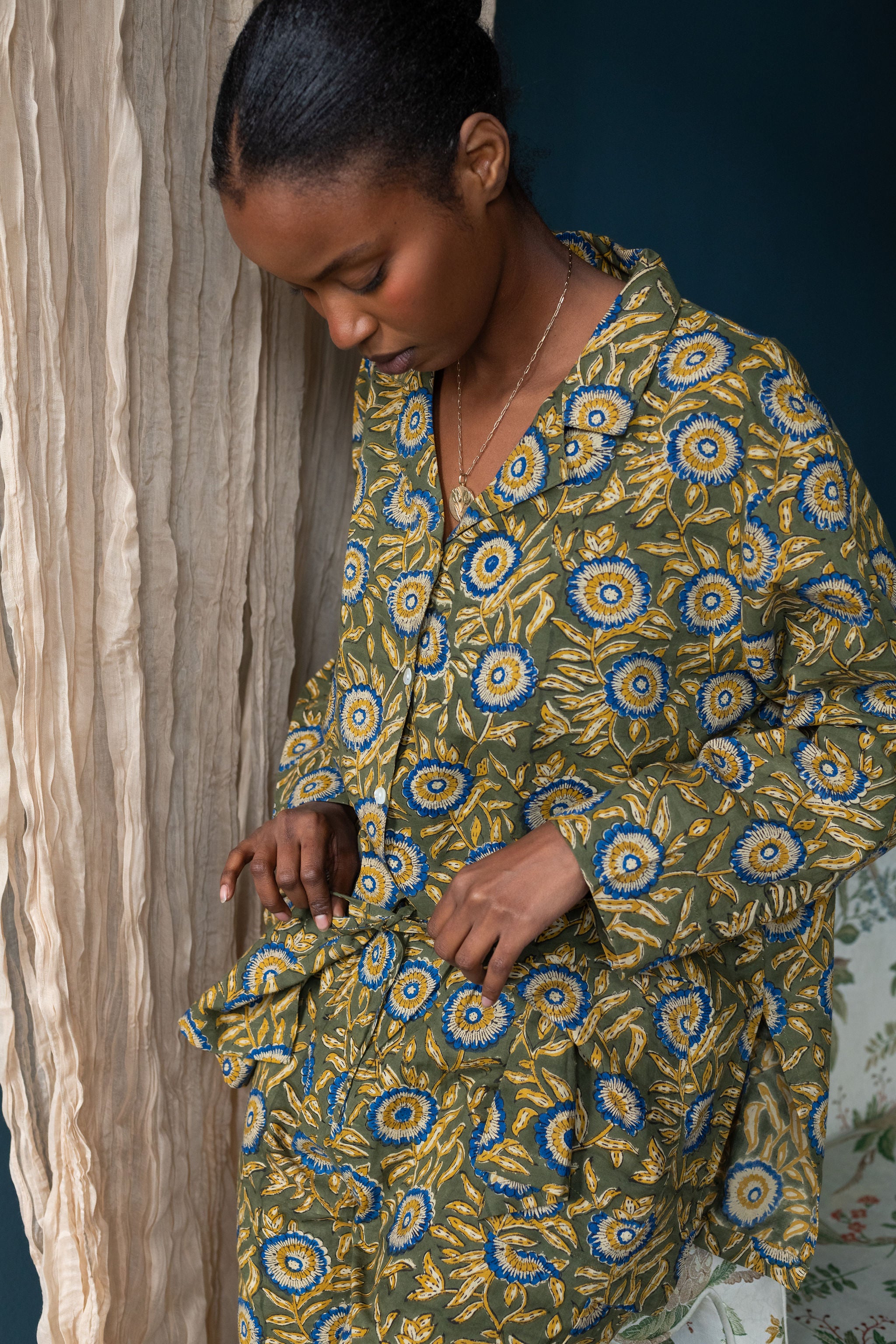  Block Printed Muslin Oversized Pajama Set | Olive Bloom