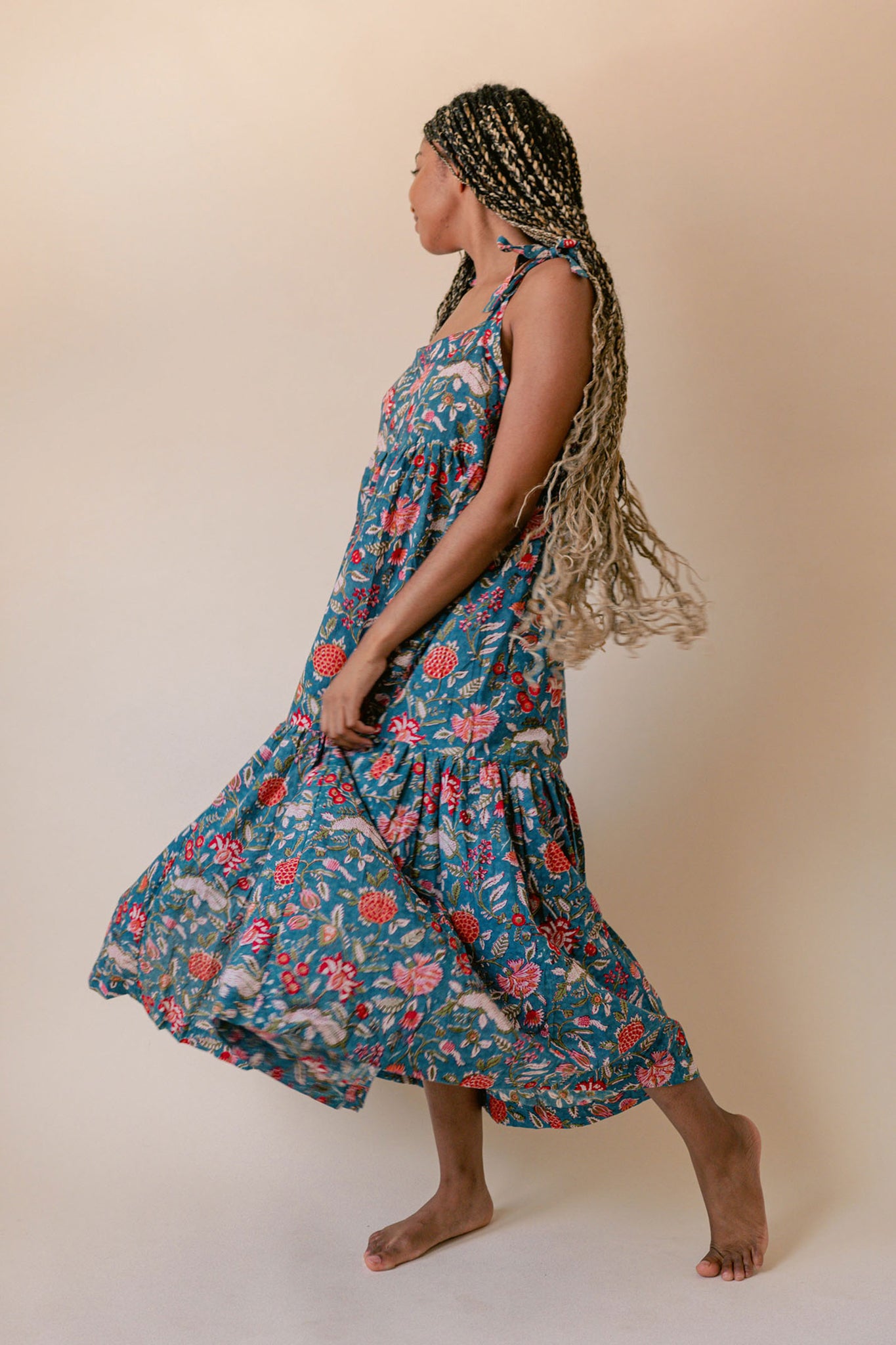 Tiered cotton Ansha dress with shoulder ties, handmade in India. | Multi Chintz