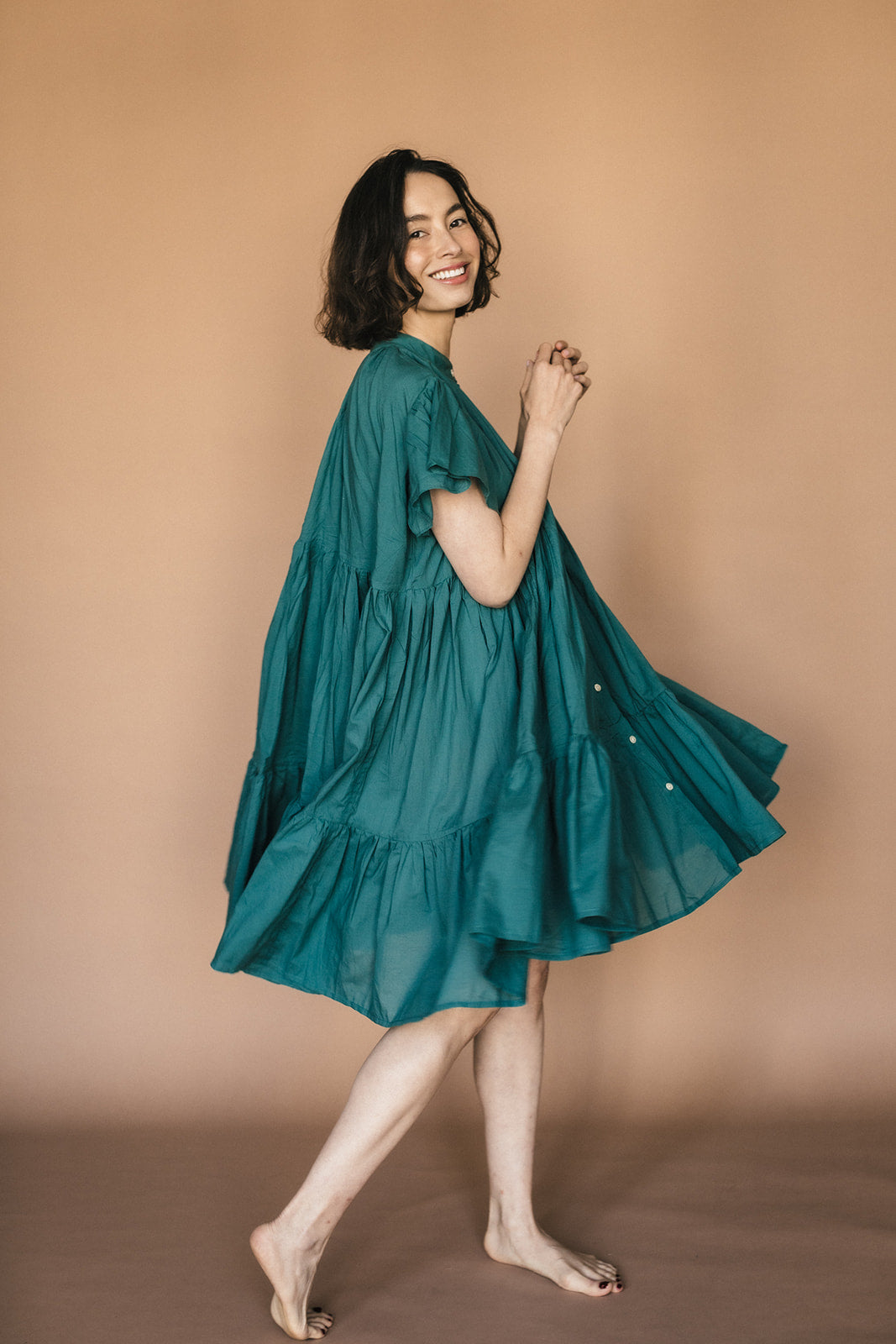 Voluminous tiered Lopa Dress, made in India. | pine