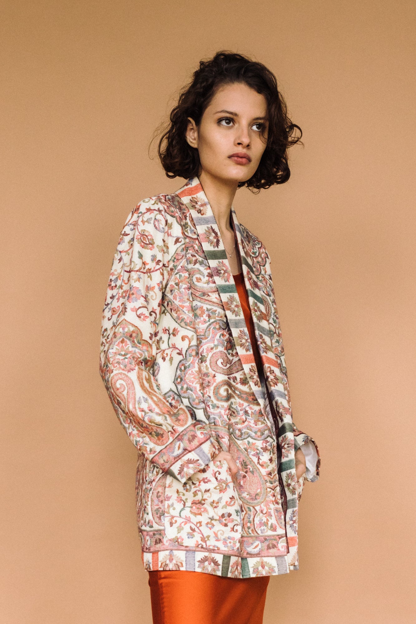 One-of-a-kind Kamla Kani Wool Wrap Coat, made in India from Kani pashmina shawls. | cream