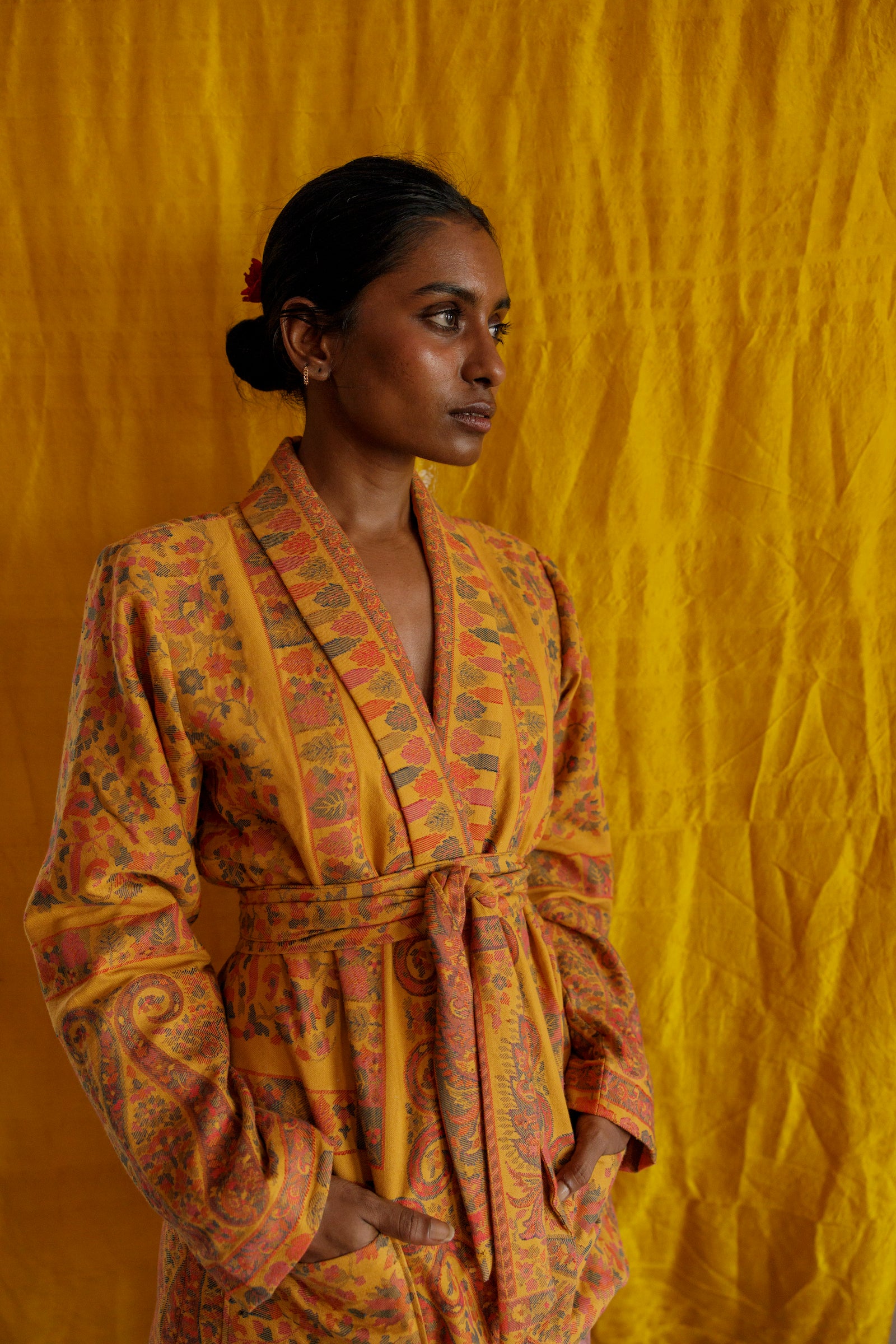 One-of-a-kind Kamla Kani Wool Wrap Coat, handmade in India from Kani pashmina shawls.