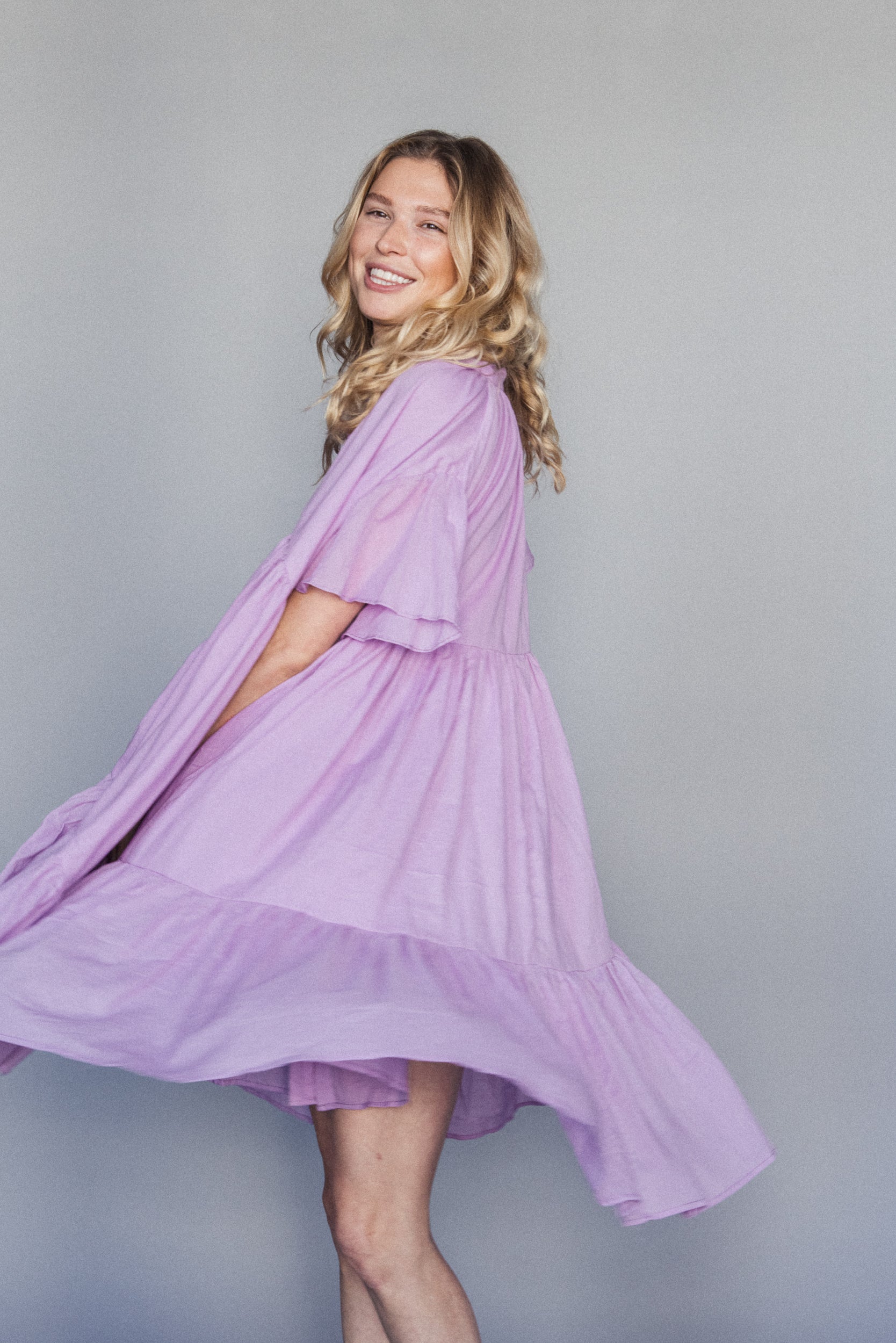 Voluminous tiered Lopa Dress, made in India. | lavender