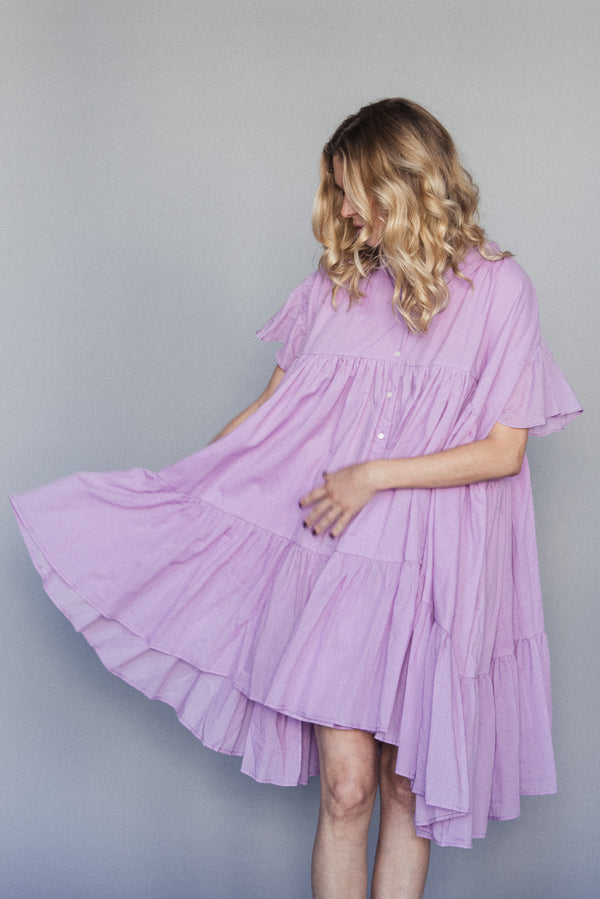 Voluminous tiered Lopa Dress, made in India. | lavender